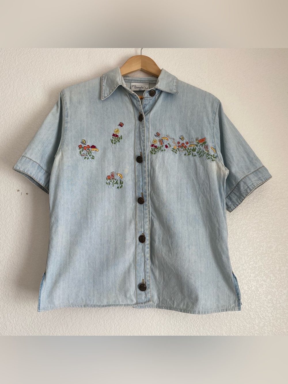 Vintage embroidered garden short sleeve denim shirt, M